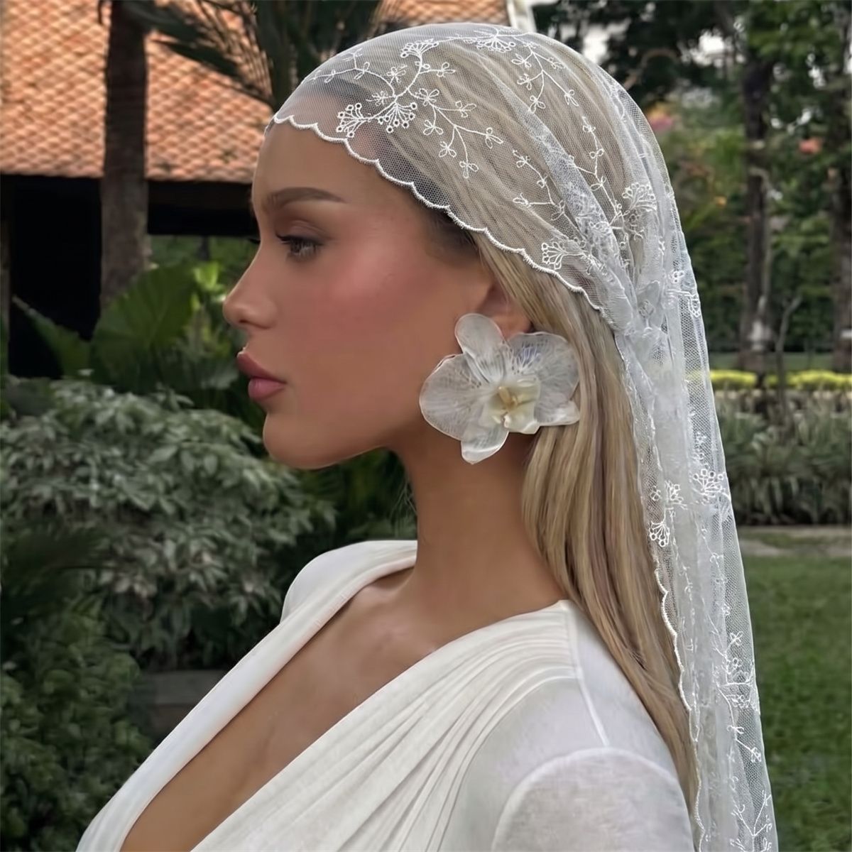 Ascot Neck Scarf - White Floral Lace Mesh Headscarf Women